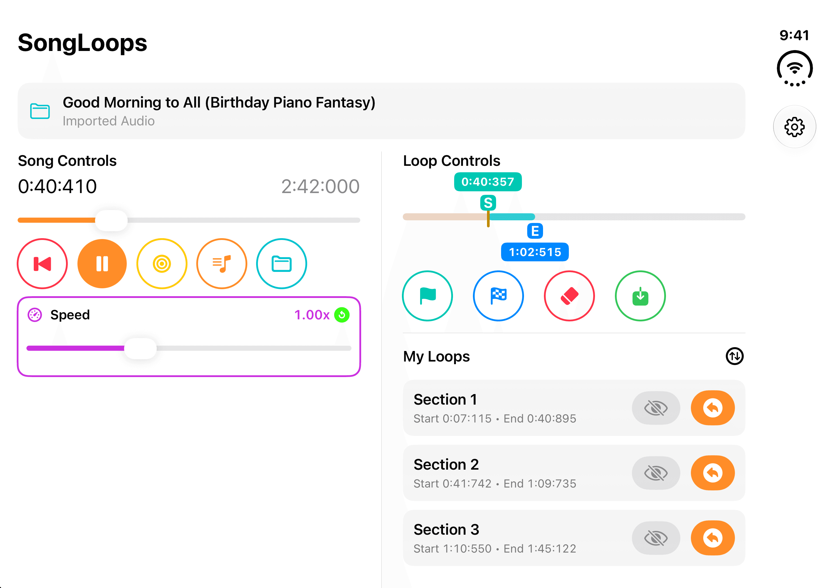 SongLoops on an open iPhone Duo, showing song controls and saved loops in two columns